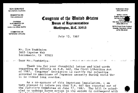 Letter from Don Edwards, Member of Congress, to Tim Yoshimiya, July 13, 1987 (ddr-csujad-55-198)