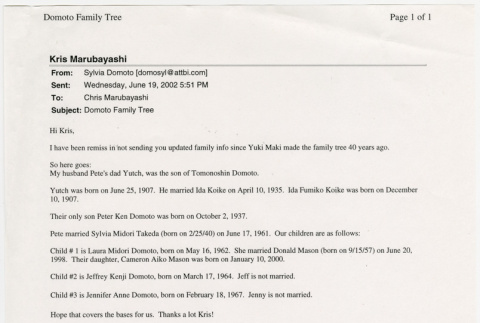 Email from Sylvia Domoto to Kris Marubayashi  with genealogical notes (ddr-densho-329-1104)
