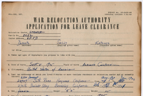 War Relocation Authority Application for Leave Clearance for Sally Domoto (ddr-densho-329-967)