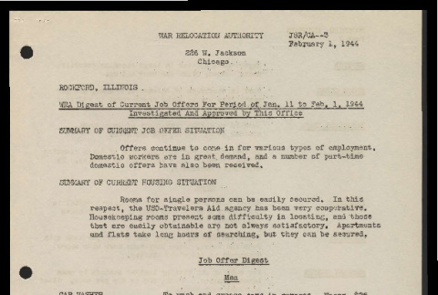 WRA digest of current job offers for period of Jan. 11 to Feb. 1, 1944, Rockford, Illinois (ddr-csujad-55-816)