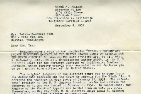 Letter from Wayne Collins regarding renunciation status (ddr-densho-164-137)