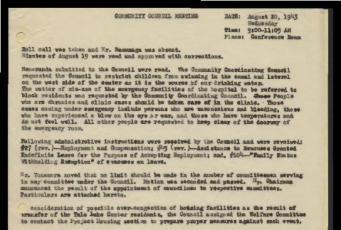 Minutes from the Heart Mountain Community Council meeting, August 20, 1943 (ddr-csujad-55-463)