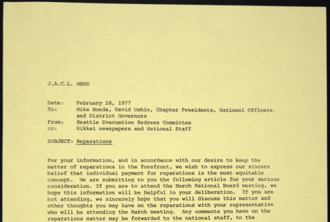 Memo from Seattle Evacuation Redress Committee to Mike Honda, David Ushio, Chapter Presidents, National Officers and District Governors (ddr-chijacl-1-51)