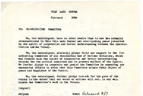 Memo from multiple incarcerees to the Co-ordinating Committee, February 1944 (ddr-csujad-2-89)