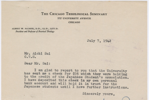 Letter from Albert W. Palmer to Ai Chih Tsai (ddr-densho-446-26)