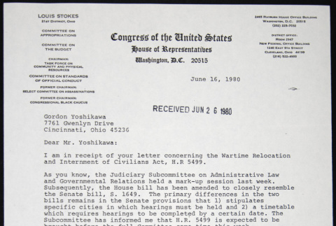 Letter to Gordon Yoshikawa from Louis Stokes (ddr-chijacl-1-345)
