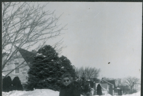 Woman walking dog on snow (ddr-densho-523-328)