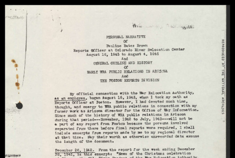 Personal narrative of Pauline Bates Brown, Reports Officer at Colorado River Relocation Center, August 16, 1943 to August 4, 1945 and general outline and history of early war public relations in Arizona and the Poston Reports Division (ddr-csujad-55-1855)