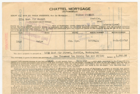 Chattel Mortgage for car owned by Yoshio Urakawa (ddr-densho-474-77)