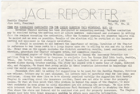 Seattle Chapter, JACL Reporter, Vol. VI, No. 11, November 1969 (ddr-sjacl-1-113)