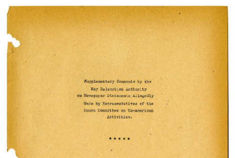 Supplementary Comments by the War Relocation Authority on Newspaper Statements Allegedly Made by Representatives of .the House Committee on Un-American Activities (ddr-csujad-19-66)