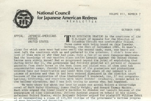 National Council for Japanese American Redress Newsletter, Vol. VII No. 7 (ddr-densho-274-55)