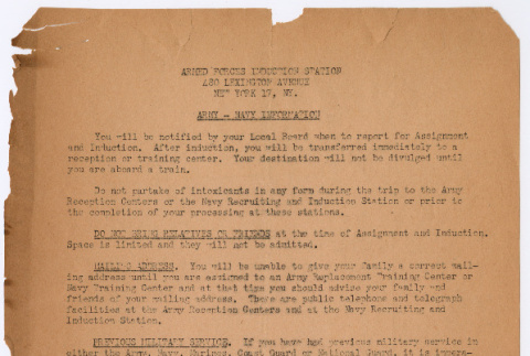 Armed Forces Induction Station:  Army\Navy Instructions for inductees (ddr-densho-329-1030)