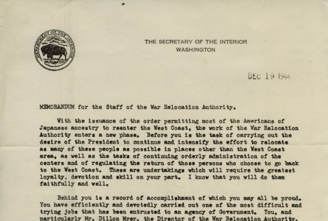 Memorandum to War Relocation Authority staff regarding relocation program (ddr-densho-171-185)
