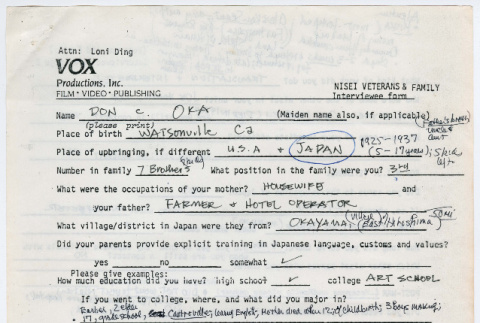 Don C. Oka interviewee form (ddr-densho-1007-956)