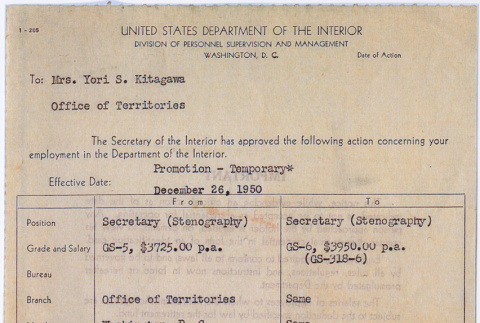 Notice of Yoriko Kitagawa's promotion at the Department of the Interior (ddr-densho-539-68)