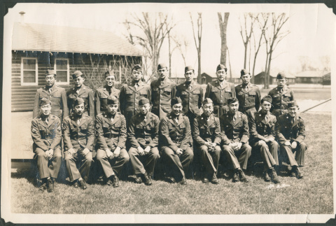 Portrait of group of men in uniform outside barracks (ddr-ajah-2-743)