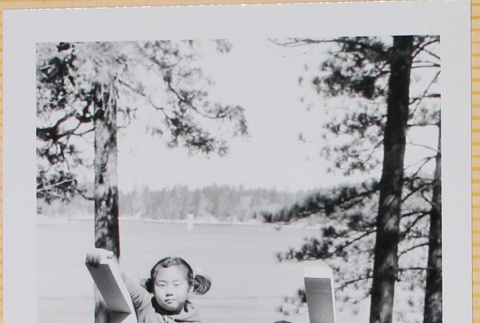 Two children on steps to lake (ddr-densho-522-407)