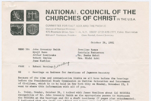 Memo from Robert Northup about Hearings on Redress for Americans of Japanese Ancestry (ddr-densho-352-387)