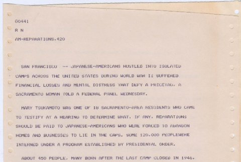 Wire Copy report from San Francisco hearings of Commission of Wartime Relocation and Internment of Civilians (CWRIC) (ddr-densho-122-281)
