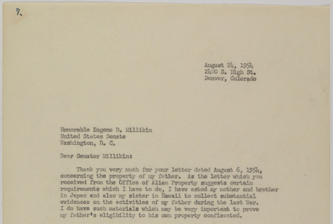 Letter from Lawrence Fumio Miwa to Sen. Eugene Milliken (ddr-densho-437-174)