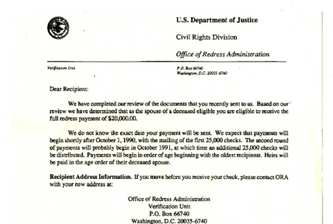 Letter from Robert K. Bratt, Administrator for Redress, Office of Redress Administration, Civil Rights Division, U.S. Department of Justice (ddr-csujad-42-154)