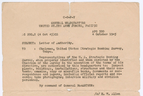 Memorandum from Col. H.W. Allen to USSSBS Chairman (ddr-densho-446-178)