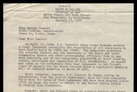Letter from Wayne M. Collins, Attorney at Law, to Miss Haruye Imahori, January 13, 1950 (ddr-csujad-55-2246)