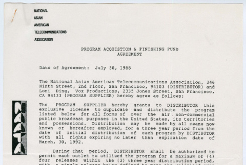 Program acquisition agreement from the National Asian American Telecommunications Association for Color of Honor (ddr-densho-1007-1063)