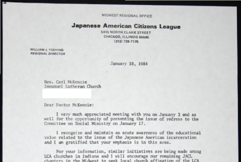 Letter to Carl McKenzie from William Yoshino (ddr-chijacl-1-730)