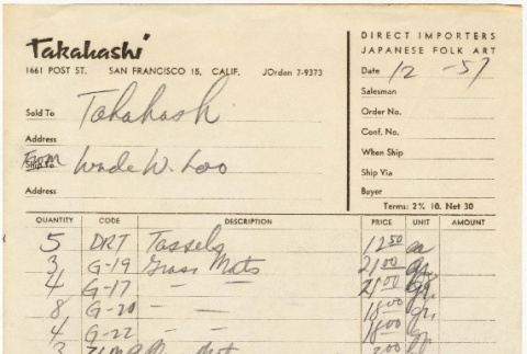 Invoice for items purchased by Takahashis from Wade W. Loo (ddr-densho-424-118)