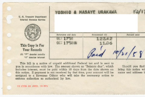 Tax bill for Yoshio and Masaye Urakawa (ddr-densho-474-67)
