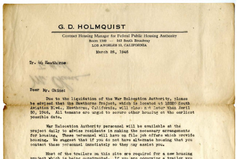 Letter from G.D. Holmquist, Contract Housing Manager for Federal Public Housing Authority to Mr. Okine, March 26, 1946 (ddr-csujad-5-116)