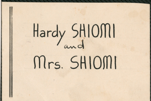 Place card for Hardy Shiomi and Mrs. (Yoshiko) Shiomi (ddr-densho-522-676)