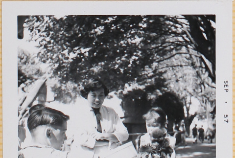 Yoshiko and Leslie Shiomi with monkey in dress (ddr-densho-522-415)