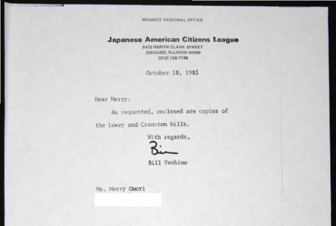 Letter to Merry Omori from Bill Yoshino (ddr-chijacl-1-744)