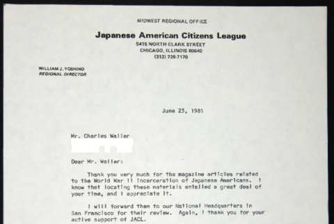 Letter to Charles Waller from Bill Yoshino (ddr-chijacl-1-619)