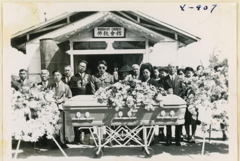 Mourners outside the Gila River Buddhist Church (ddr-densho-37-1878)
