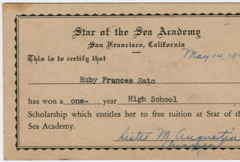 Certificate awarding a one year scholarship to Star of the Sea Academy to Ruby Frances Sato (ddr-densho-484-5)