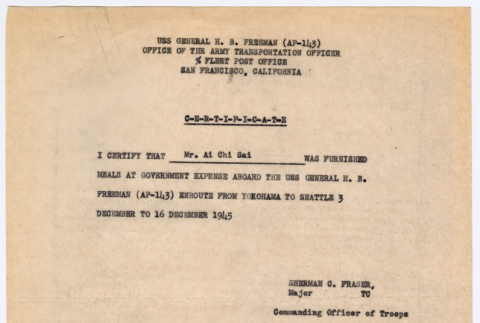 Certificate for meals aboard the USS General H.B. Freeman (ddr-densho-446-192)