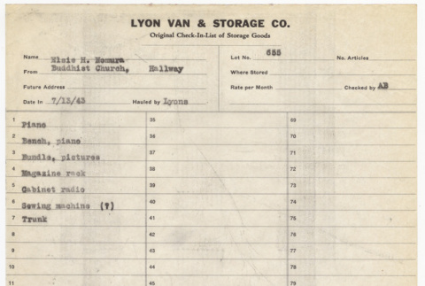 Storage list for Elsie H. Nomura (ddr-sbbt-2-133)