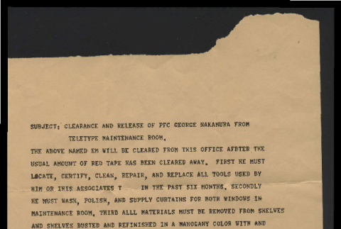 Clearance and release of PFC George Nakamura from teletype maintenance room (ddr-csujad-55-2454)