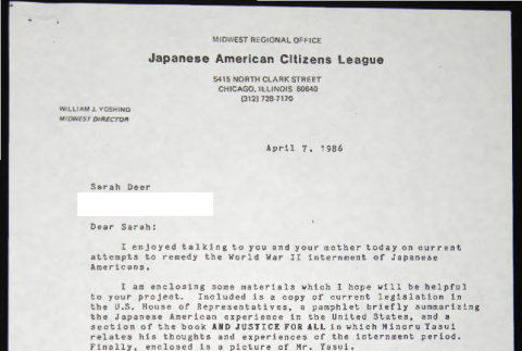 Letter and attachment to Sarah Deer from William Yoshino (ddr-chijacl-1-671)