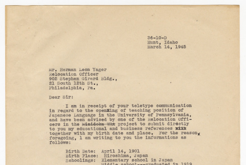 Letter from Yoshito Fujii to Herman Leon Yager (ddr-sbbt-2-17)