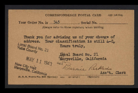 Postal card from Selective Service to George Hideo Nakamura, May 14, 1943 (ddr-csujad-55-2170)