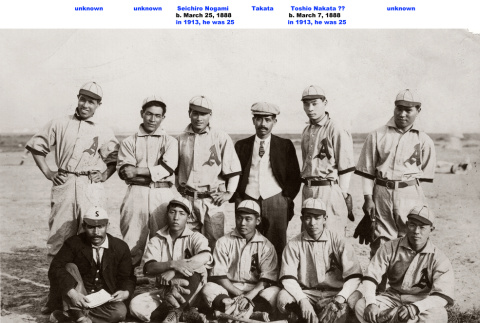 Document with team photo and background of ATK baseball team titled Early Alameda Baseball circa 1913-1916 (ddr-ajah-5-59)