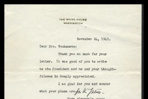 Letter from Eleanor Roosevelt to Mrs. Mary Tsukamoto, November 24, 1943 (ddr-csujad-55-35)