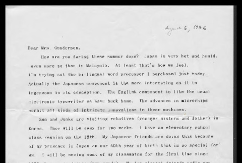 Letter from Yuzuru John Takeshita to Mrs. Margaret Gunderson, August 6, 1986 (ddr-csujad-55-256)