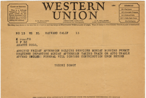 Western Union Telegram to K. Domoto Family from Toichi Domoto (ddr-densho-329-662)