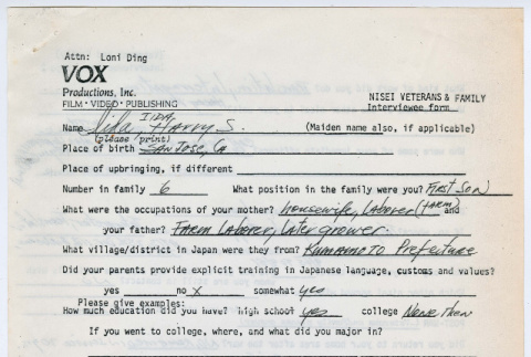 Harry S. Iida interviewee form (ddr-densho-1007-946)